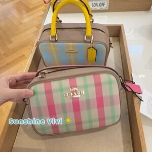 NWT COACH Mini Jamie Camera Bag With Plaid Print CBM37 Gold/Pink
